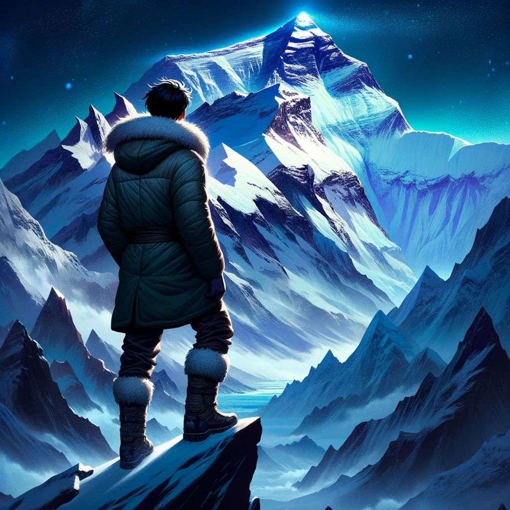 someone gazing at Mount Everest, digital art, glowing